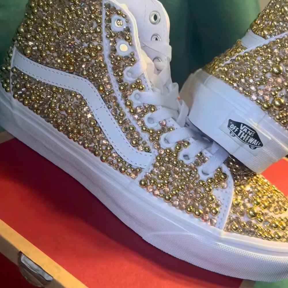CUSTOM Vans Women's Gold and White Sneakers